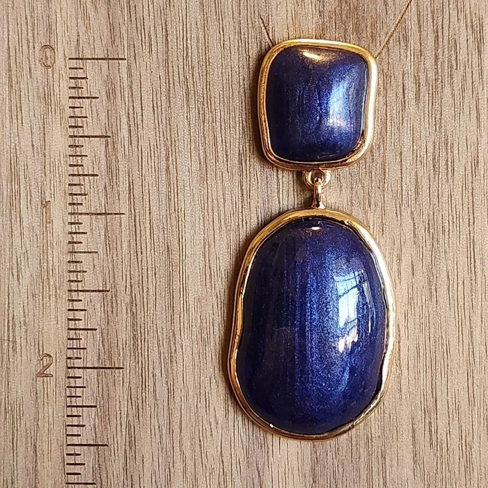 Navy Blue Shimmer Resin Drop Earrings Gold Tone Statement Oval Dangle Jewelry